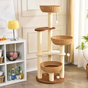 Modern Wood Cat Tree Tower with 3 Rattan Nests – Crazy Cat Ladies